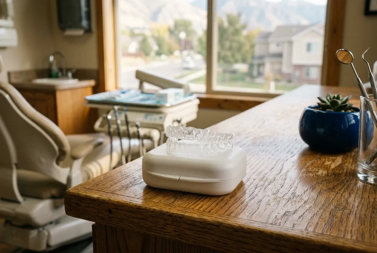 Clear aligners resting on a white retainer case on a wooden desk in a dental exam room.
