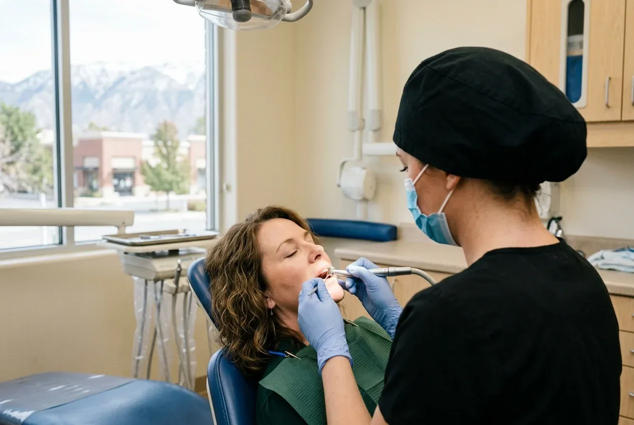 A dental professional using a dental tool on a patient seated in an exam chair.