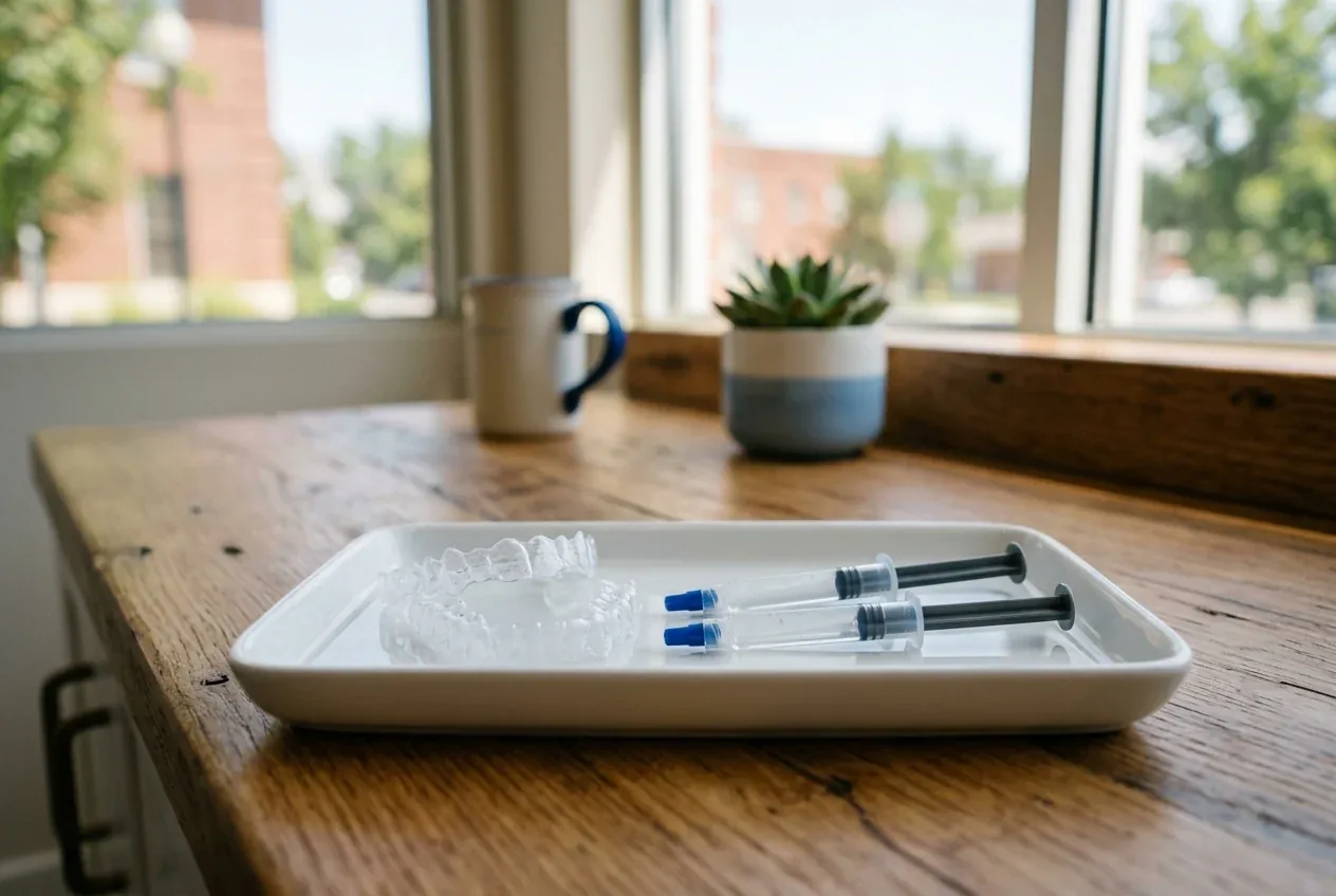 Clear teeth whitening trays and two gel syringes resting on a white tray on a wooden table.